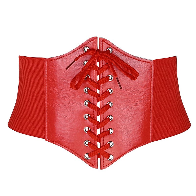 Ayliss Women Elastic Wide Band Tied Waspie Corset Waist Cincher Belt,Red - Image 1